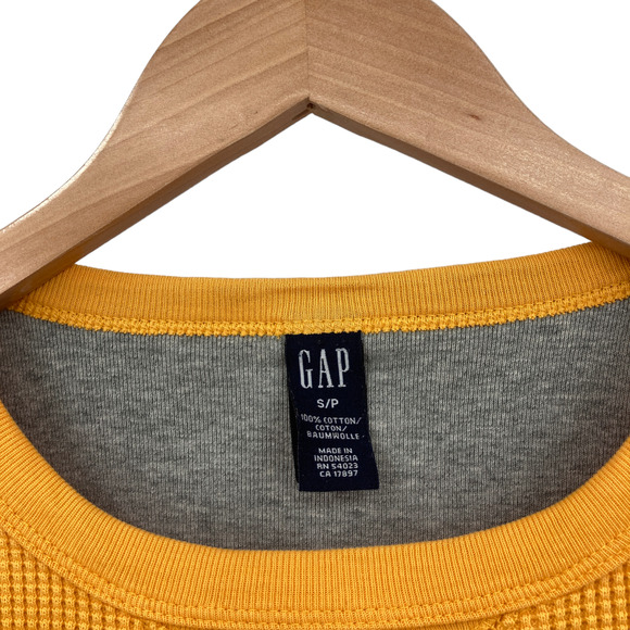 Gap Waffle Knit Thermal Mens Small Yellow Long Raglan Sleeve Crew Neck Pullover - Picture 7 of 12